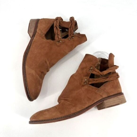 Free People Landslide Tan Bootie Ankle Boot Braided Leather Cutout Size 40 Tan - Picture 7 of 12